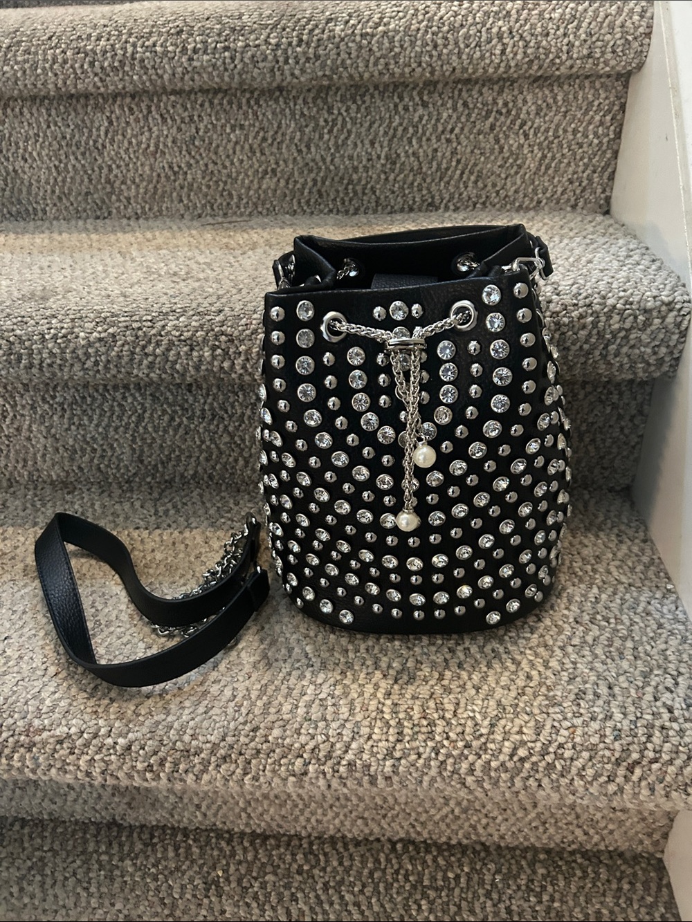 Black Studded Bucket Bag with Chain Drawstring